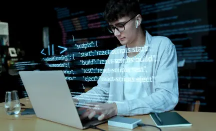 Software development workspace with programming code and an analytics dashboard