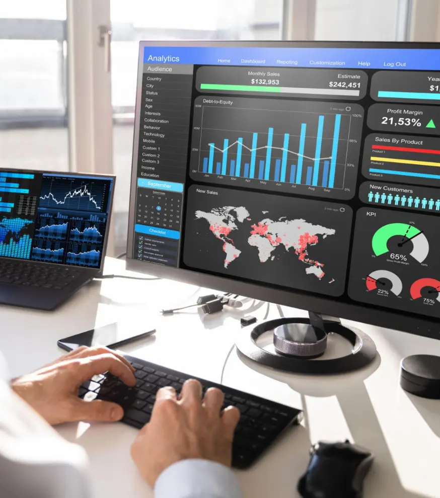 Business data analytics dashboard displaying performance metrics and trends
